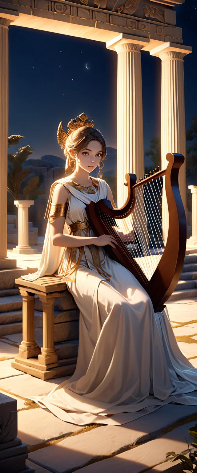 a young priestess, sitting, playing a large lyre, ancient Greek temple, late at night, highly detailed, photorealistic, realistic lighting, intricate architecture, ornate decorations, warm color palette, golden accents, soft fabric textures, mesmerizing expression, elegant pose, cinematic composition, low contrast lighting, realistic shadows, mystical atmosphere, hyperrealistic, award-winning art