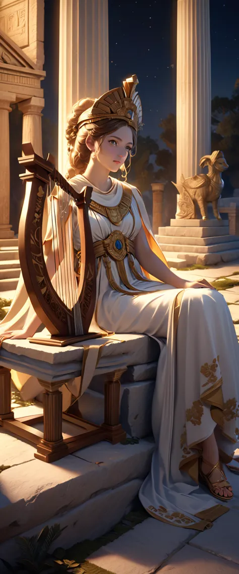 a young priestess, sitting, playing a large lyre, ancient Greek temple, late at night, highly detailed, photorealistic, realisti...
