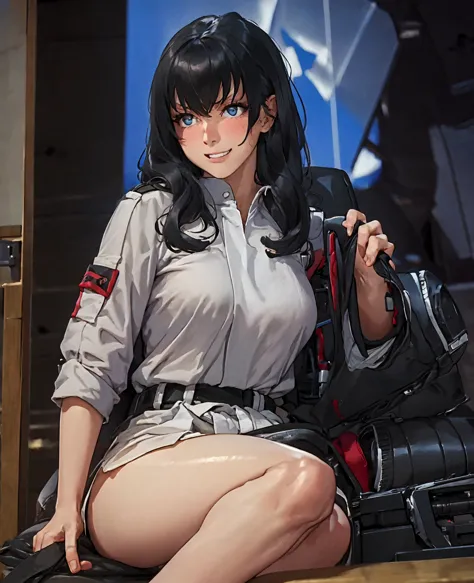 absurd resolution, high resolution, (masterpiece: 1.4), hyper-detail, black-haired young woman dressed as a technician, blushing...