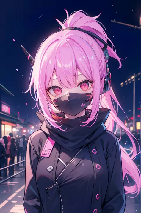 upper body, 1girl, wallpaper, light particles, city, night, background, scarf, look at viewer, (ninja), pink hair, long hair, po...