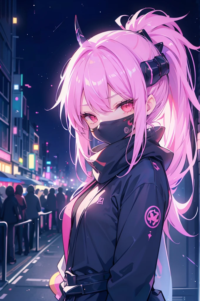 upper body, 1girl, wallpaper, light particles, city, night, background, scarf, look at viewer, (ninja), pink hair, long hair, ponytail, demon horn, demon tail, , red eyes, cybermask2023
