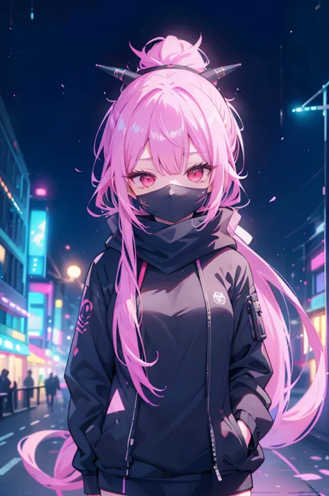 upper body, 1girl, wallpaper, light particles, city, night, background, scarf, look at viewer, (ninja), pink hair, long hair, po...