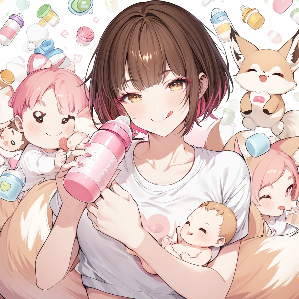 Pink hot pants, white T-shirt, brown hair, short hair, tongue out, smiling, baby bottle, White Little Fox, red makeup, girl