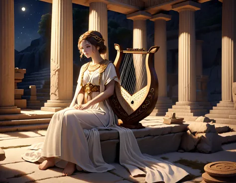 a young priestess, sitting, playing a large lyre, ancient Greek temple, late at night, inside the temple it is dark and there is...
