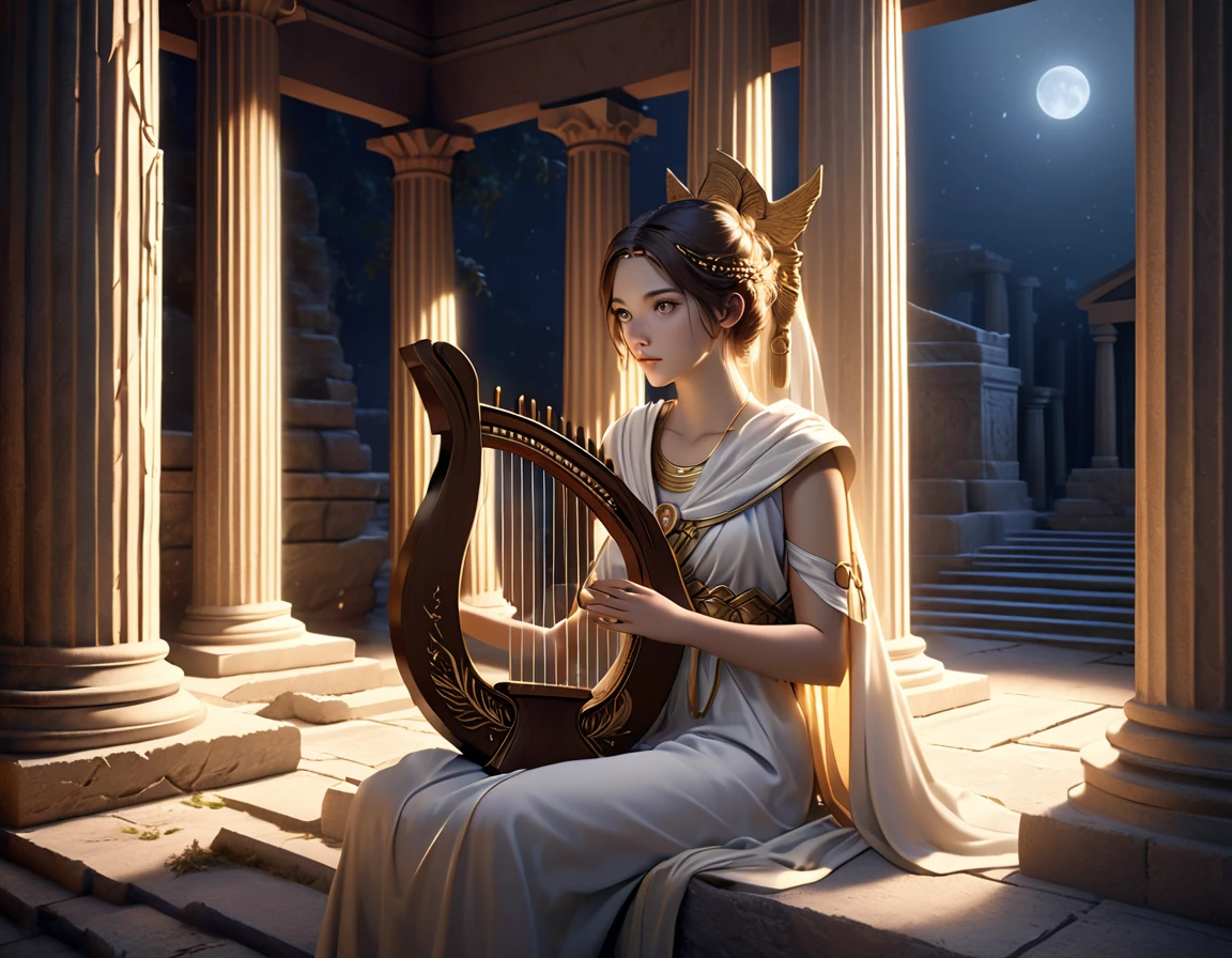 a young priestess, sitting, playing a large lyre, ancient Greek temple, late at night, inside the temple it is dark and there is no lighting., highly detailed, photorealistic, realistic lighting, intricate architecture, ornate decorations, warm color palette, golden accents, soft fabric textures, mesmerizing expression, elegant pose, cinematic composition, low contrast lighting, realistic shadows, mystical atmosphere, hyperrealistic, award-winning art