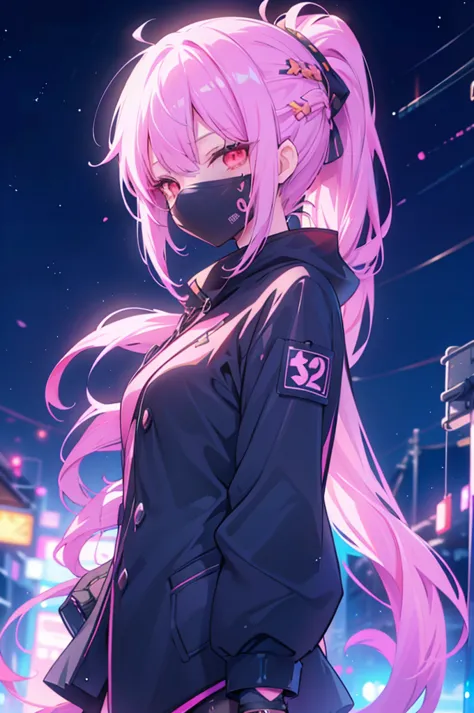 upper body, 1girl, wallpaper, light particles, city, night, background, look at viewer, (ninja), pink hair, long hair, ponytail,...