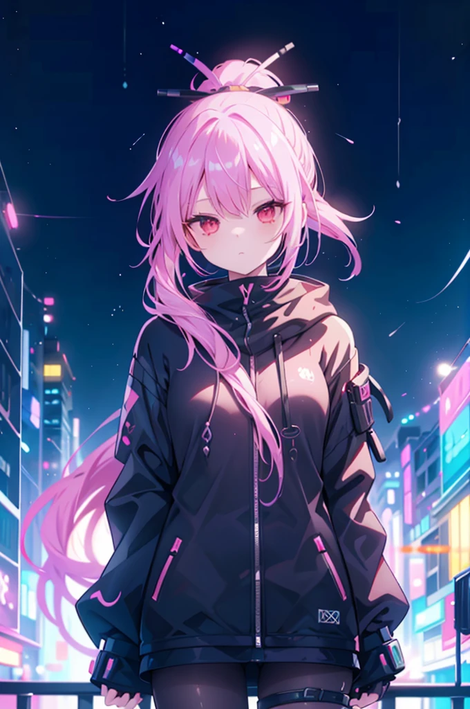 upper body, 1girl, wallpaper, light particles, city, night, background, look at viewer, (ninja), pink hair, long hair, ponytail, demon tail, red eyes, cybermask2023
