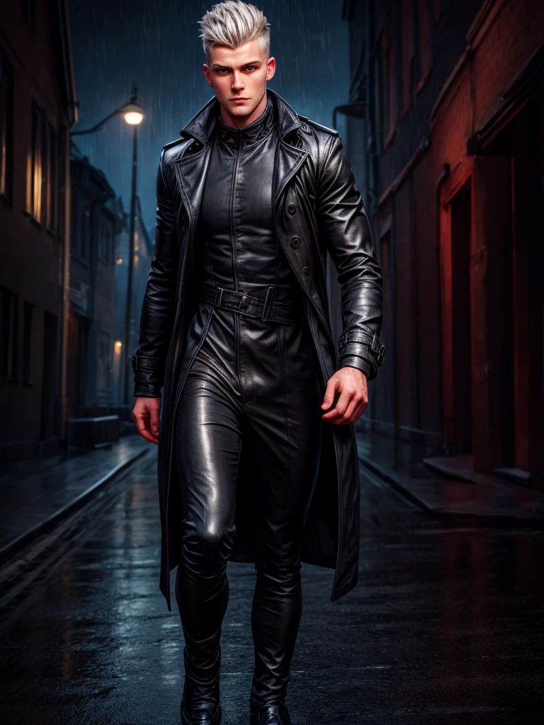 (Best Quality, detailed, restoration of faces and hands, Professional lighting) scandinavian young muscular man, silver hair with a fade, intense onyx eyes, in an outfit of a black trench coat walking under a rainy night