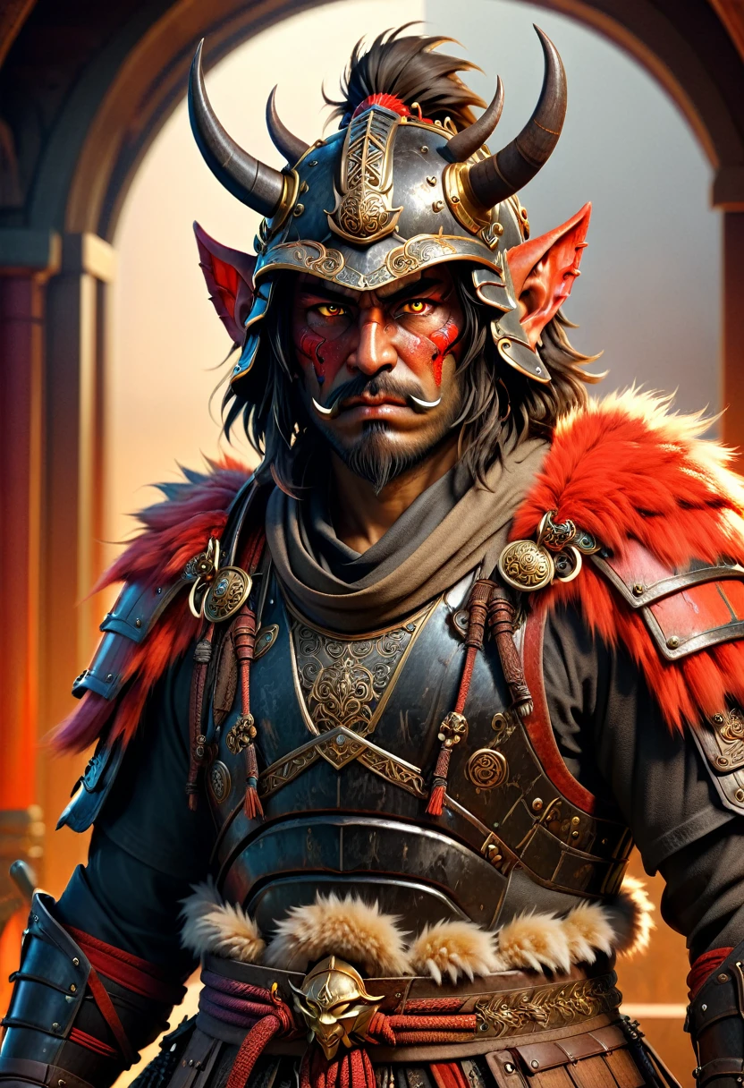 man in samurai armor with fur around the neck and waist, wearing devil helmet, dusty detail ornaments, battle weary, man warrior, armor, epic, face scar, dnd character portrait, intricate, 8k resolution, dynamic lighting, hyperdetailed, unreal 5, volumetric lighting, alphonse mucha, pre-raphaelite, detailed background, mandala, detailed face, detailed eyes, neon eyes  