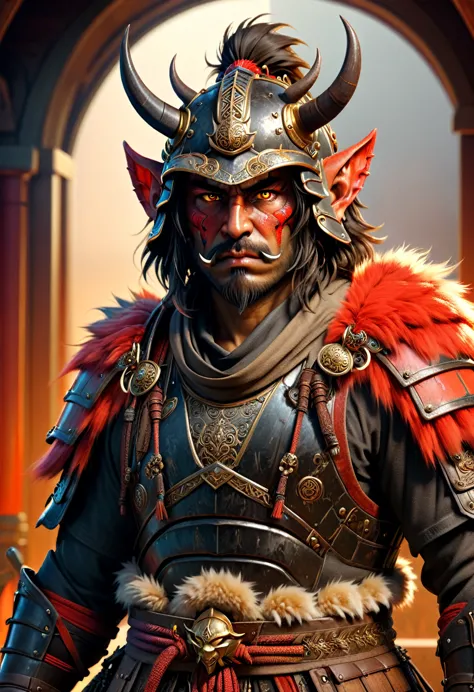 man in samurai armor with fur around the neck and waist, wearing devil helmet, dusty detail ornaments, battle weary, man warrior...