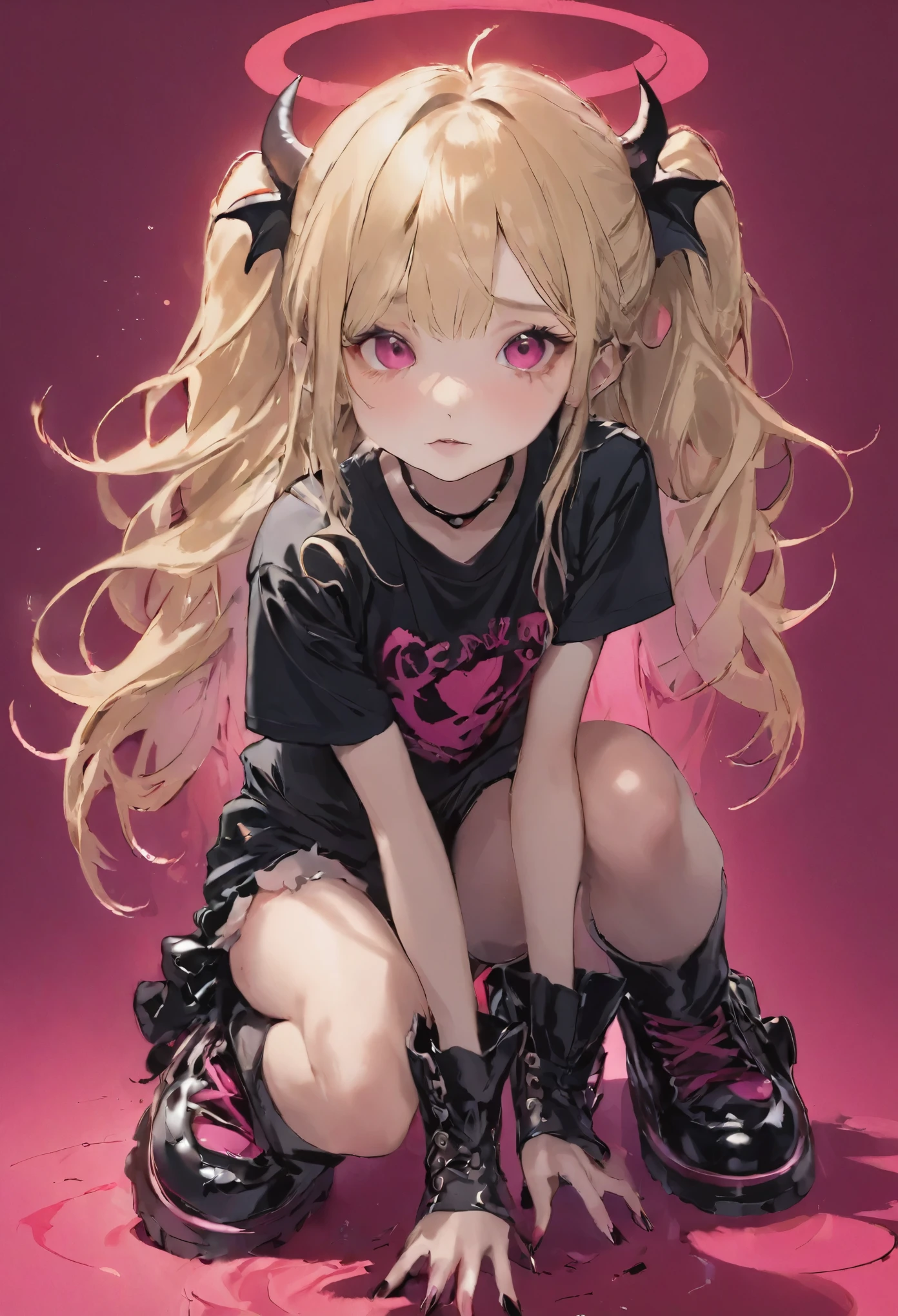 RAW Photos、Realistic、Highest quality、masterpiece、Bpink background. white, black, and gold streaked hair, hyper cute girl, red eyes. crouching, gothloli t-shirt, gothloli shorts, black boots, demon wings, demon tail, thorn halo, pink background, anime art style, detailed illustration, vibrant colors, soft lighting, focused gaze, edgy look, expressive face, unique style, eye-catching, modern fashion, detailed hair, realistic shading, 8k