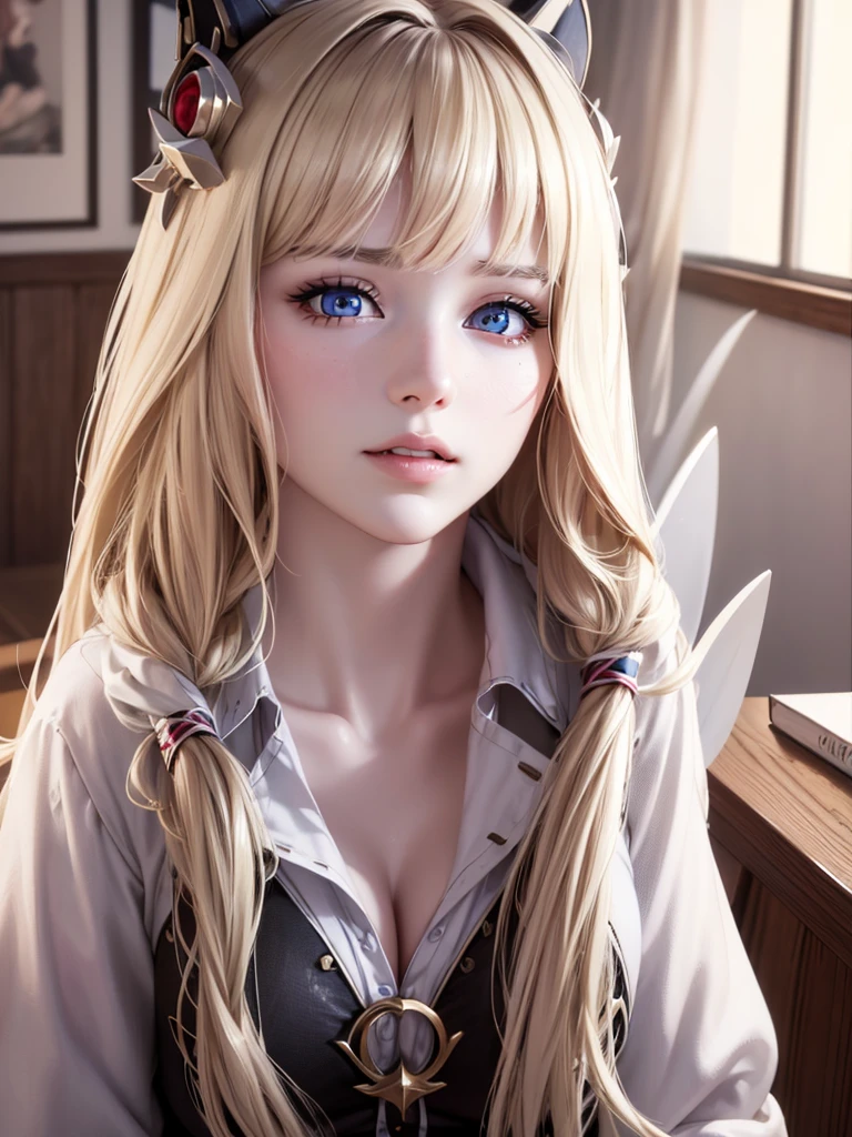 a beautiful detailed portrait of a female with blond long hair, perfect body, big breasts, cleavage, , extremely detailed high quality realistic face, eyes, nose, lips, skin, hair, detailed hands and fingers, dramatic background, (best quality,8k,highres,masterpiece:1.2),ultra-detailed,(realistic,photorealistic,photo-realistic:1.37),studio lighting,physically-based rendering,vivid colors, sitting in a table, classroom background