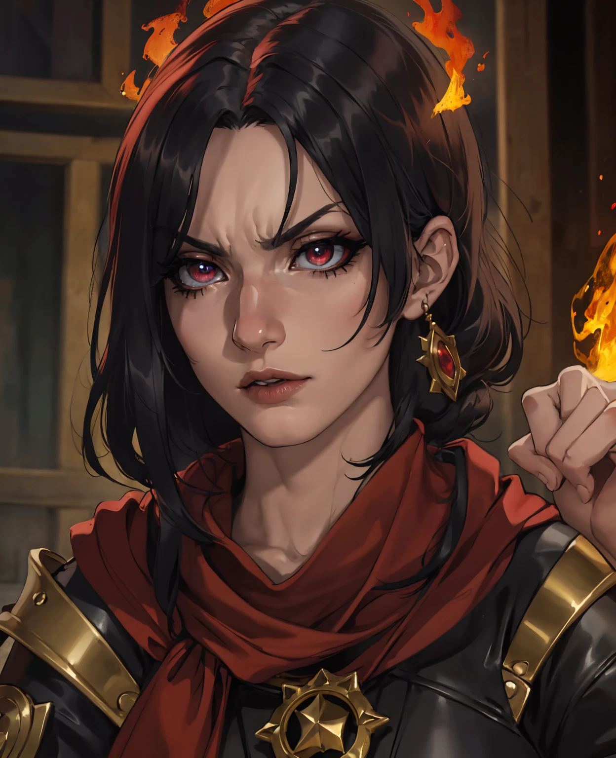 a dramatic fantasy portrait of a powerful fire mage, highly detailed face and eyes, evocative dramatic lighting, cinematic composition, volumetric smoke, flickering flames, dark brooding atmosphere, dramatic chiaroscuro, deep rich colors, intricate magical runes, leather and cloth textures, (best quality,4k,8k,highres,masterpiece:1.2),ultra-detailed,(realistic,photorealistic,photo-realistic:1.37)