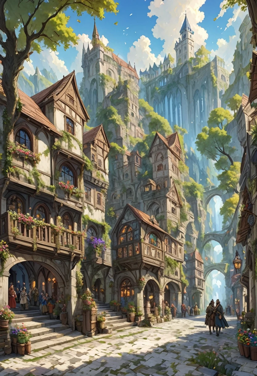 Edad media　 FantasyRPG paisaje Un paisaje urbano de piedra　 muchas personas　bard　bar