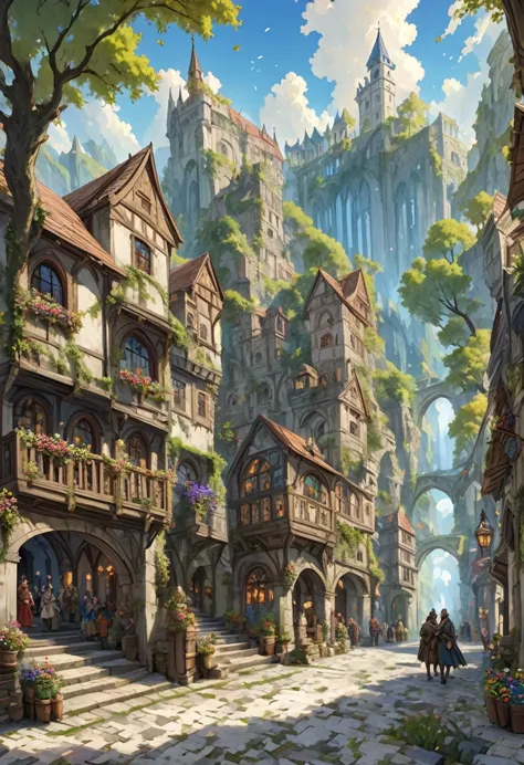 middle ages　 fantasyRPG landscape A stone cityscape　 many people　bard　bar