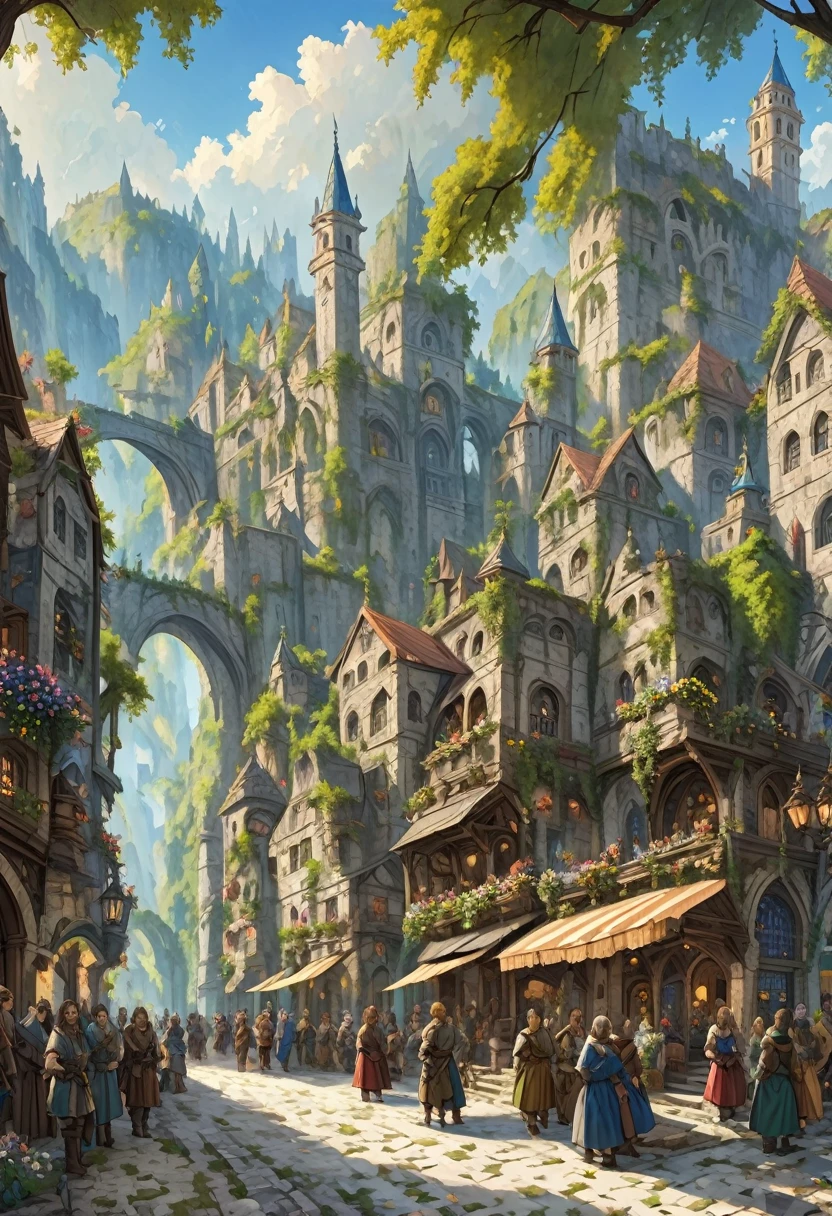 Moyen-âge　 paysage fantasyRPG Un paysage urbain en pierre　 Beaucoup de gens　Barde　bar