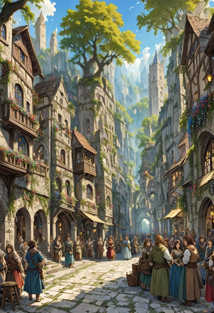 Edad media　 FantasyRPG paisaje Un paisaje urbano de piedra　 muchas personas　bard　bar