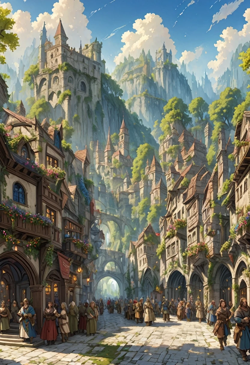 middle ages　 fantasyRPG landscape A stone cityscape　 many people　bard　bar