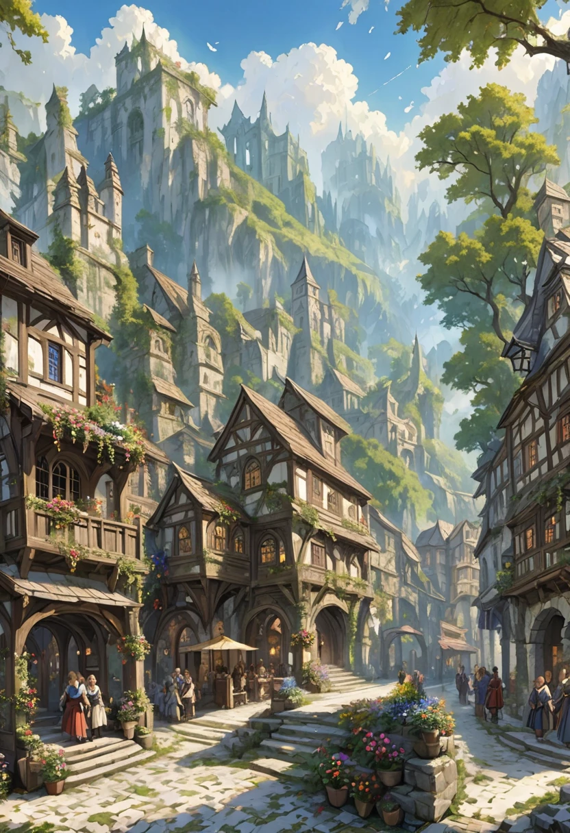 Moyen-âge　 paysage fantasyRPG Un paysage urbain en pierre　 Beaucoup de gens　Barde　bar