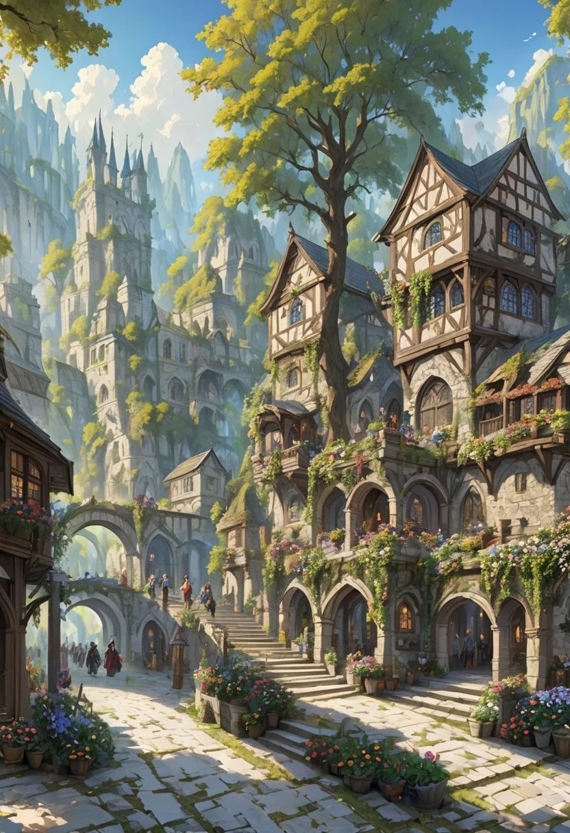 Edad media　 FantasyRPG paisaje Un paisaje urbano de piedra　 muchas personas　bard　bar