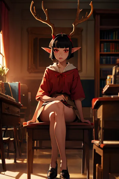 Girl with long pointed ears, short black hair, duendecillo haircut, Red eyes, antlers on the head, dressed in a  sitting while b...