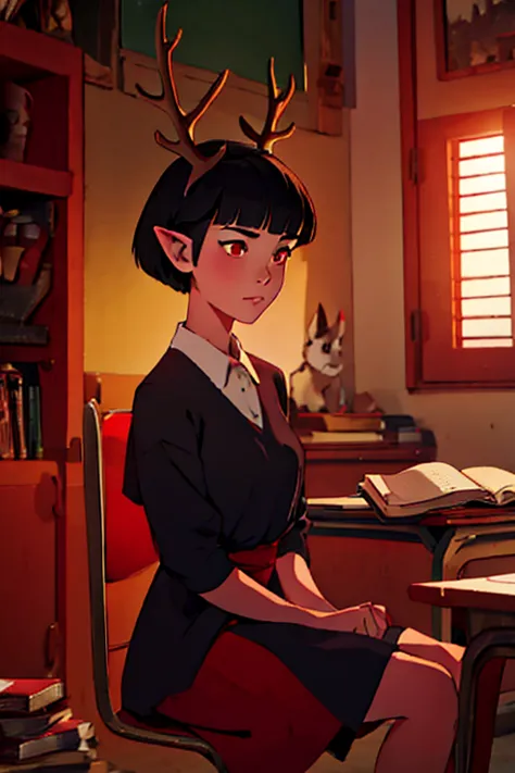 Girl with long pointed ears, short black hair, duendecillo haircut, Red eyes, antlers on the head, dressed in a  sitting while b...