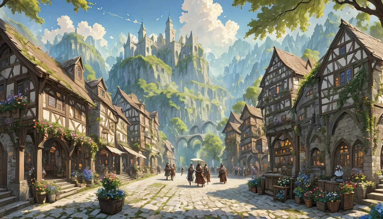 idade Média　 fantasyRPG paisagem Uma paisagem urbana de pedra　 muitas pessoas　bardo　bar