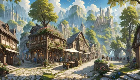 middle ages　 fantasyRPG landscape A stone cityscape　 many people　bard　bar