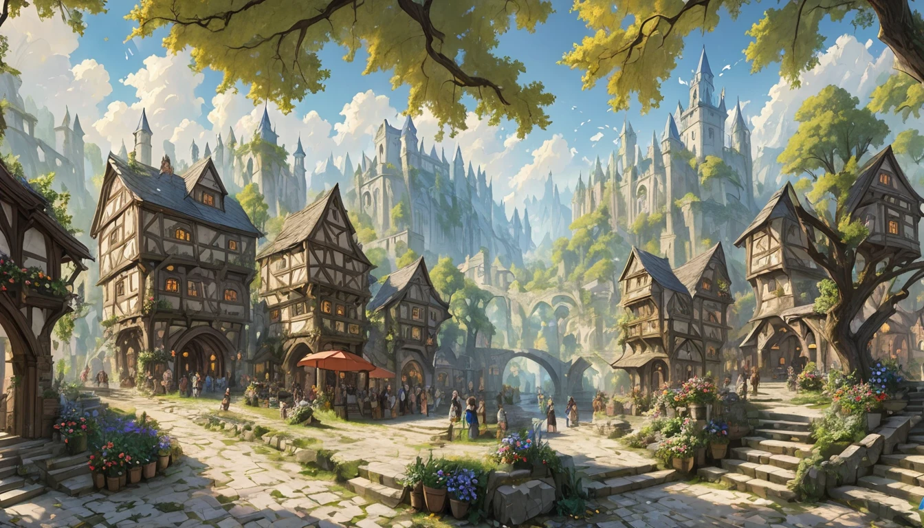 Moyen-âge　 paysage fantasyRPG Un paysage urbain en pierre　 Beaucoup de gens　Barde　bar