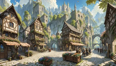 middle ages　 fantasyRPG landscape A stone cityscape　 many people　bard　bar