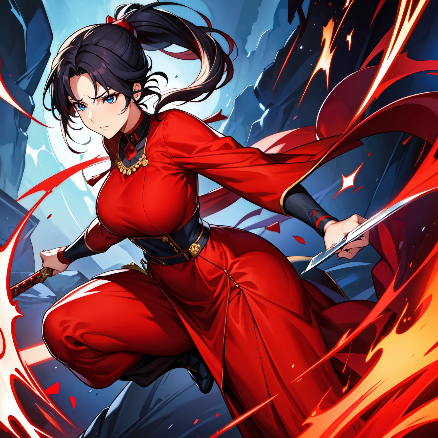 Masterpiece、A female swordsman in red clothes with a ponytail(((whole body))),(((Concept Art))), (((One character))), woman, Black hair in a ponytail, Bright Blue Eyes, Red clothes、Holding a sword、Decoration、accessories