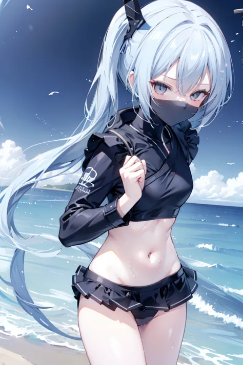 upper body, 1girl, wallpaper, light particles, beach, background, look at viewer, (ninja), light blue hair, long hair, ponytail,...