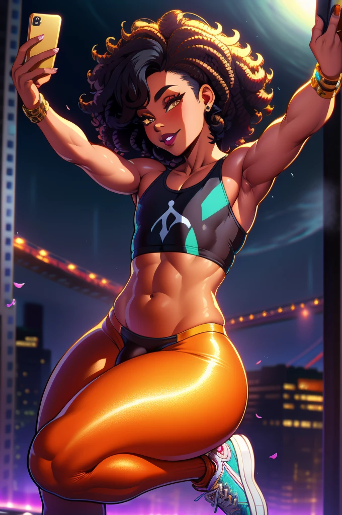 (Extremely detailed CG unity 4k wallpaper),(Masterpiece),(Best Quality),(ultra detailed),(best illustration),(best shadow),(absurdities),(detailed background) femboy, beautiful,taking a selfie, Brown eyes, Dark skin, Afro-American, Long curly black hair, yoga pants, supreme crop top, Jordan Sneakers,  thick thighs, big ass, flat chest, field full of flowers, bulk, black eyeliner, shiny gold lipstick, SMILE, new york city background,