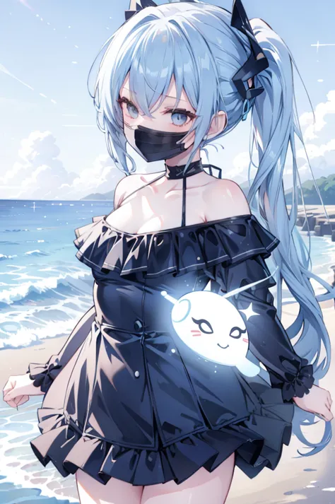 upper body, 1girl, wallpaper, light particles, beach, background, look at viewer, light blue hair, long hair, ponytail, white ey...