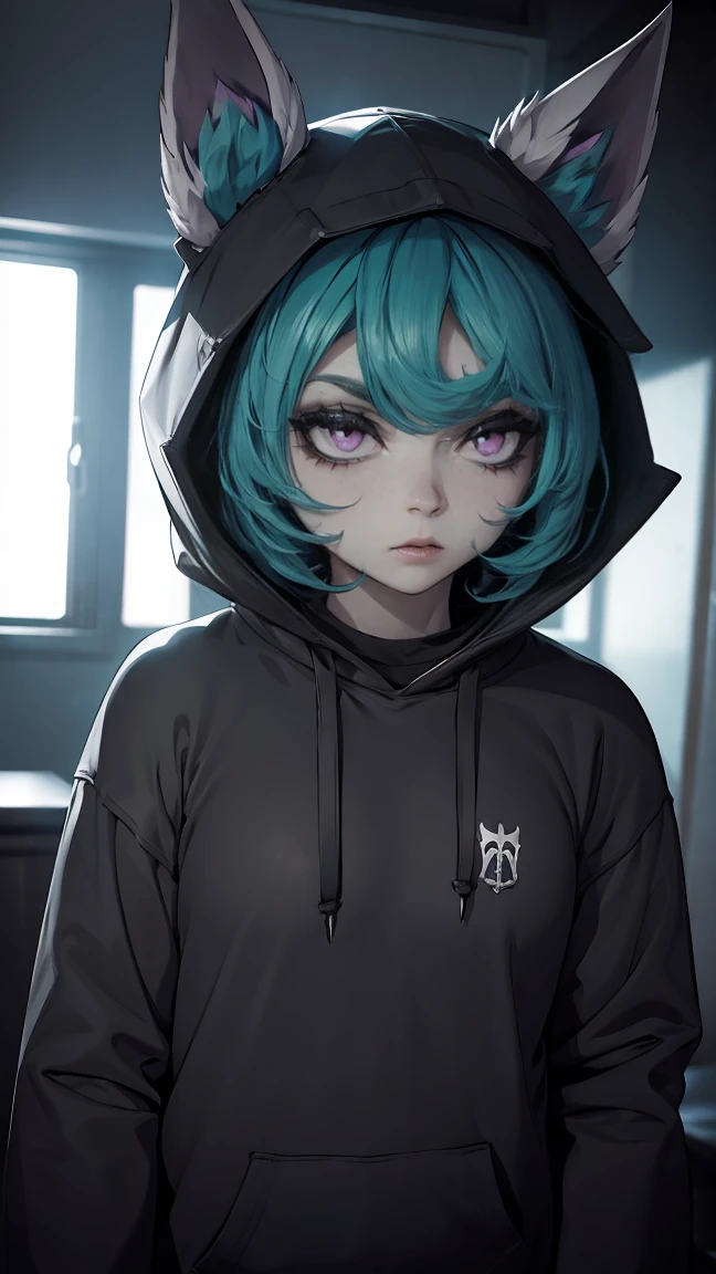 girl, large black sweatshirt, sexy pose, calm look, a dark room, evil eyes, glowing skin, Looking ahead, facial expression