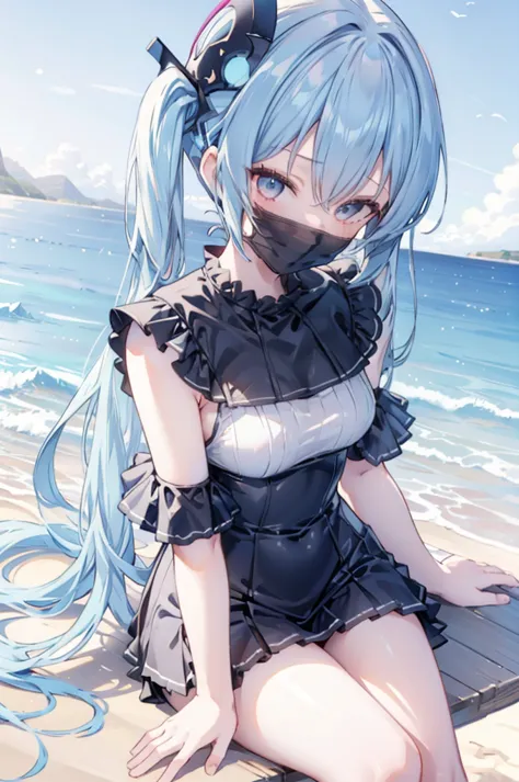 upper body, 1girl, wallpaper, light particles, beach, background, look at viewer, light blue hair, long hair, twintails, white e...