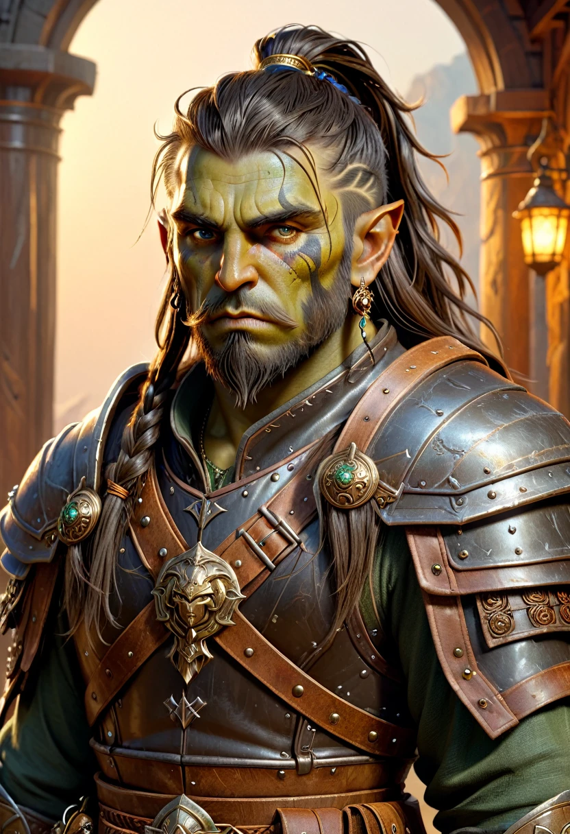 Orc man in leather duelist armaduras, cabelo trançado longo, lados raspados, ornamentos com detalhes empoeirados, cansado da batalha, homem guerreiro, armaduras, épico, cicatriz no rosto, retrato de personagem dnd, Intrincado, Resolução 8K, Iluminação dinâmica, hiperdetalhado, Irreal 5, iluminação volumétrica, Alphonse Mucha, pré-rafaelita, fundo detalhado, rosto detalhado, olhos detalhados, 