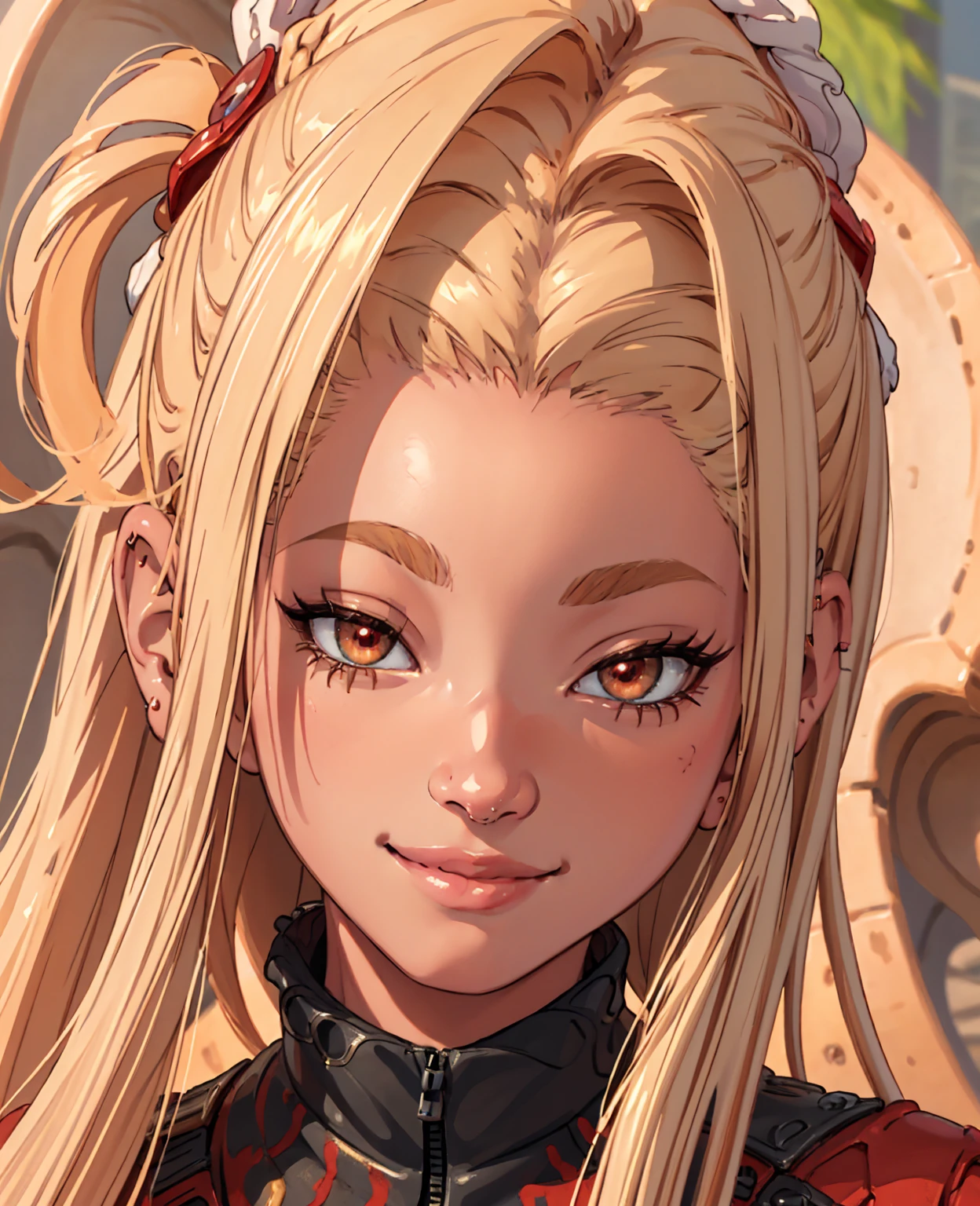 woman's face, long blonde hair, smiling, sun is red, (digital painting, concept art, smooth, sharp focus, intricate details, close-up, masterpiece: 1.2)