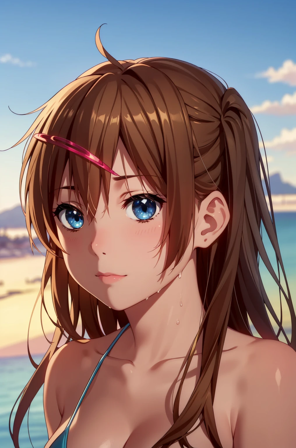 ((masterpiece, Highest quality, High resolution, uhd, Pixel perfect, Depth of written boundary, 4K, RTX, HDR)), 1 Girl, single, alone, 24-years-old, Anime Girls, Beautiful art style, anime character, ((Parted bangs, Brown Hair)), (blue eyes、Round eyes, Delicate eyelashes、Beautiful eyelashes, Perfect Eyes), (Detailed face:1.2), (Smooth texture:0.75, Realistic texture:0.65, Realistic:1.2, Cinematic, Anime CG Style), Perfect body, Ocean:1.3、Moderately good breasts:1.7、Micro Bikini:1.8、Visible from the thighs:1.9、Wet、Water Drop、Splash、nsfw、visible from below、