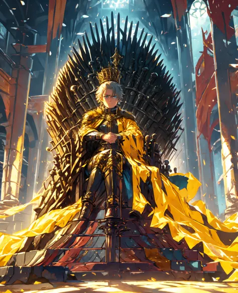 toddler, 1 boy, white hair, blue eyes, king crown, sitting on throne