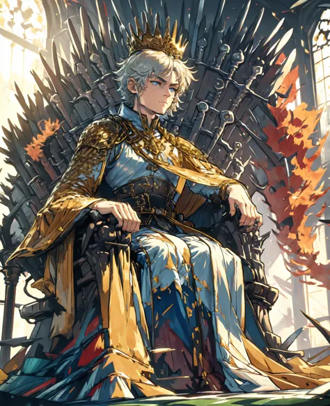 toddler, 1 boy, white hair, blue eyes, king crown, sitting on throne