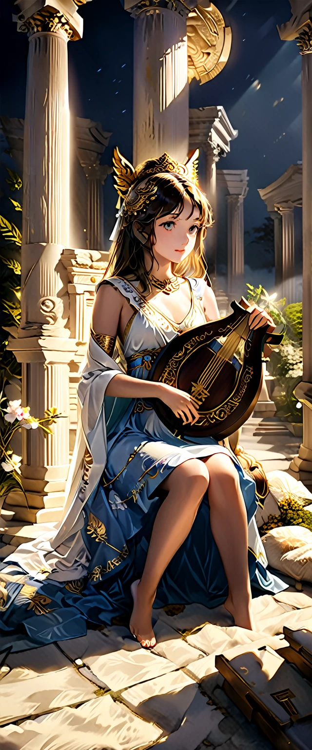 a young priestess, sitting, playing a large lyre, ancient Greek temple, late at night, inside the temple it is (dark:1.3) and there is (no lighting:1.2), the moonlight shines in at an angle, shining a faint light on her., highly detailed, photorealistic, realistic lighting, intricate architecture, ornate decorations, cool color palette, golden accents, soft fabric textures, mesmerizing expression, elegant pose, cinematic composition, natural lighting, realistic shadows, mystical atmosphere, hyperrealistic, award-winning art