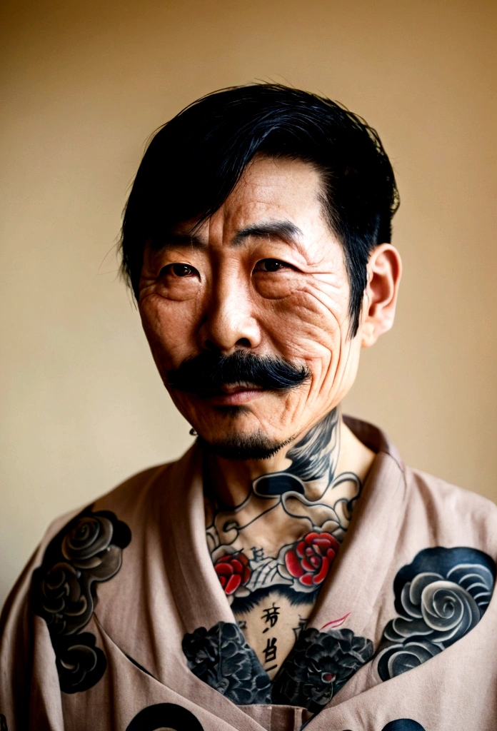 Japanese man in his 40s, Tattoo, irezumi, mustache, japanese hairstyles, id photos