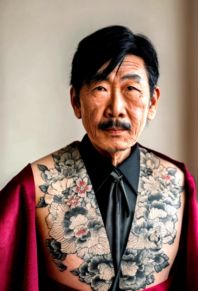 Japanese man in his 60s, Tattoo, irezumi, mustache, japanese hairstyles, id photos