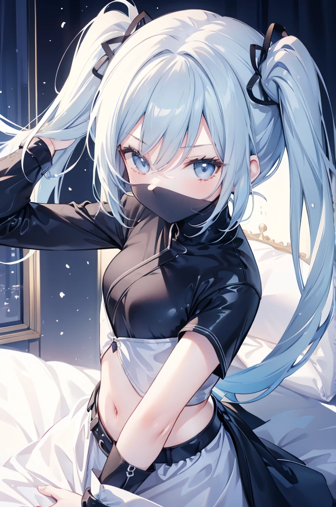 upper body, 1girl, wallpaper, light particles, bed, background, look at viewer, light blue hair, long hair, twintails, white eyes, ninja mask, adult