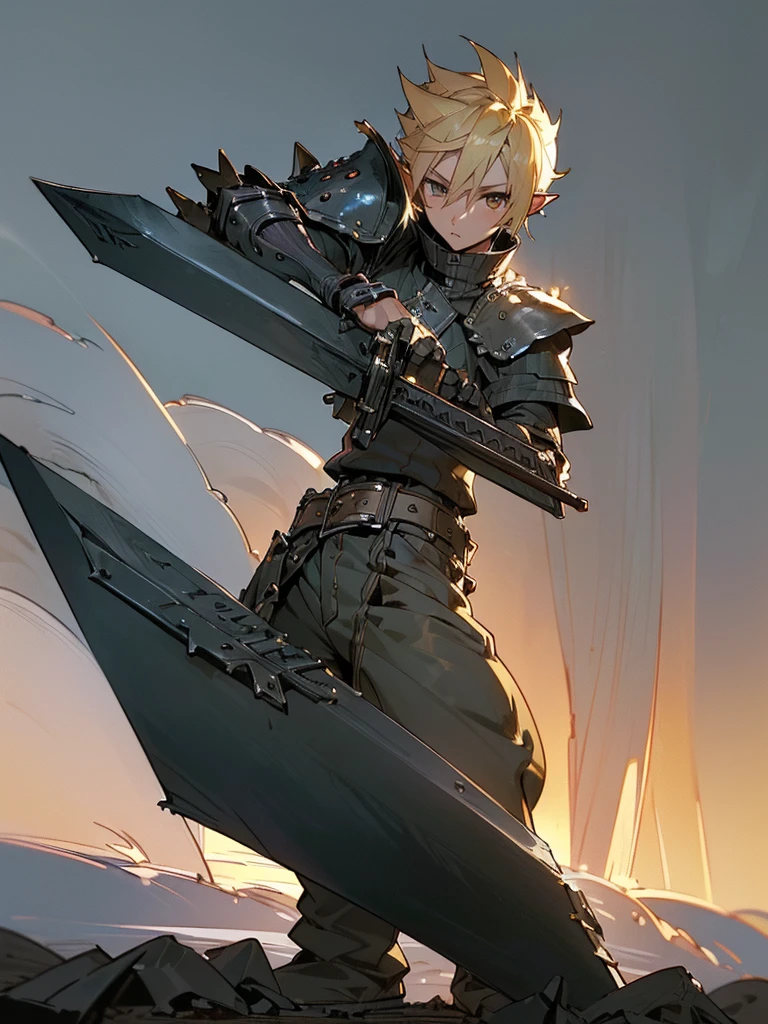 score_9,score_8_up,score_7_up,score_6_up,score_5_up,score_4_up, absurdies, (((Masterpiece of the highest quality.))), (((medieval fantasy))), (((Extreme details))), ((medieval fantasy swordsman)), ((based on cloud strife)), (medieval punk), ((fantasy great sword)) (((ultra detailed))), (((male))), ((male elf)), ((A 2 elf.))), (175 cm tall), (dynamic angle) ((blonde back stylized spiky short hair)), ((Brown eyes)), ((Exquisite and detailed face)), ((detailed expressive eyes)), ((Perfect eyes)), ((perfect hands)), (((Euphoric expression))), ((medieval half steel half black letter armor)), ((holding a huge greatsword in his hands)), (Up sword), ((detailed great sword)), (((4k))), ((Additional quality)), (Additional details), ((exquisite eyes)), (((Dynamic battle pose))), (((battle on the hill background))), ((cinematic lighting)), (((full body character))), ((extreme care of detail)), ((movie effects))