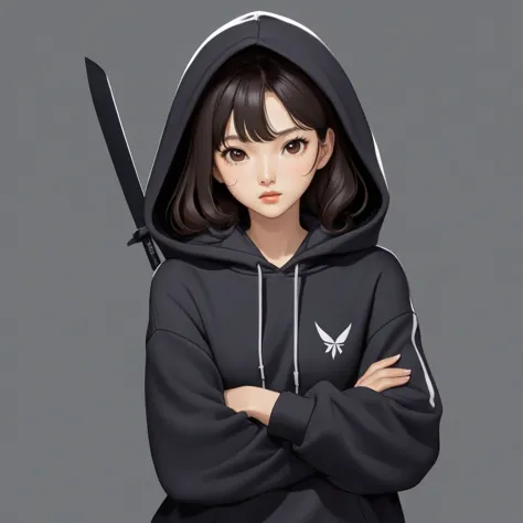 kang sae-byeok, squid game, jung ho-yeo, holding a knife with her hand, wearing a black hoodie, simple background,cool anime pos...