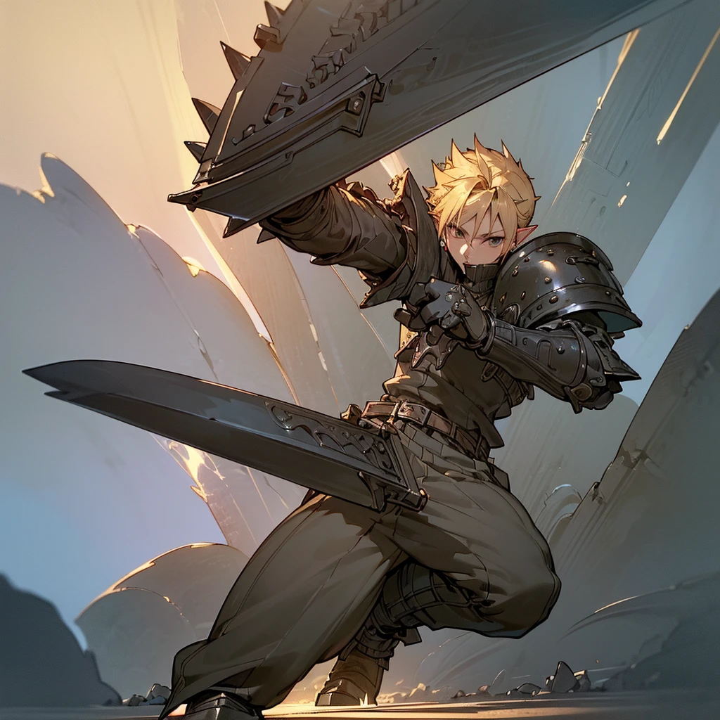 score_9,score_8_up,score_7_up,score_6_up,score_5_up,score_4_up, absurdies, (((Masterpiece of the highest quality.))), (((medieval fantasy))), (((Extreme details))), ((medieval fantasy swordsman)), ((based on cloud strife)), (medieval punk), ((fantasy great sword)) (((ultra detailed))), (((male))), ((male elf)), ((A 25 year old elf.))), (175 cm tall), (dynamic angle) ((blonde back stylized spiky short hair)), ((Brown eyes)), ((Exquisite and detailed face)), ((detailed expressive eyes)), ((Perfect eyes)), ((perfect hands)), (((Euphoric expression))), ((medieval half steel half black letter armor)), ((holding a huge greatsword in his hands)), (Up sword), ((detailed great sword)), (((4k))), ((Additional quality)), (Additional details), ((exquisite eyes)), (((Dynamic battle pose))), (((battle on the hill background))), ((cinematic lighting)), (((full body character))), ((extreme care of detail)), ((movie effects))