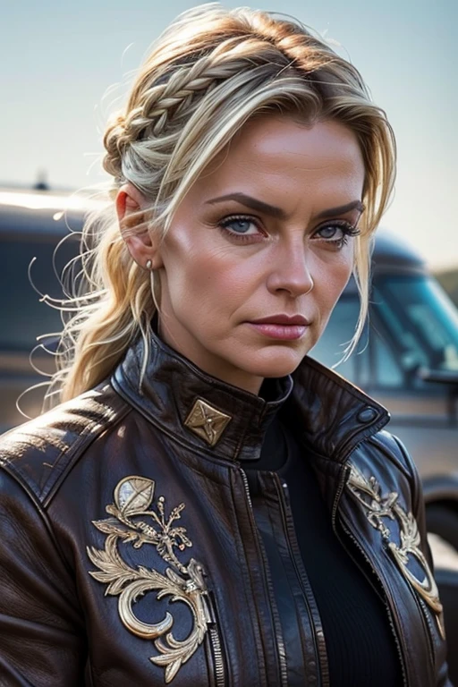 Mature 65 year old German woman,Eger and shiny, 8K, photo of the size of the beautiful European lady 50 years, braided updo, intricate detail, realistic texture, dynamic composition, high contrast,brown leather aviator jacket,military patches, blonde hair,flight hangar background