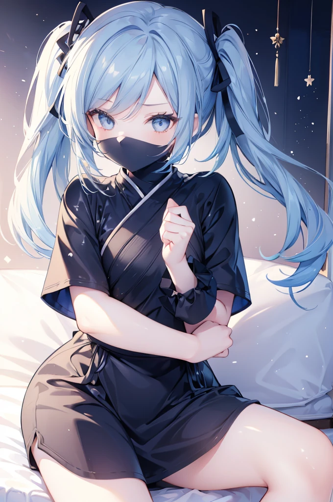 upper body, 1girl, wallpaper, light particles, bed, background, look at viewer, light blue hair, long hair, twintails, white eyes, ninja mask,